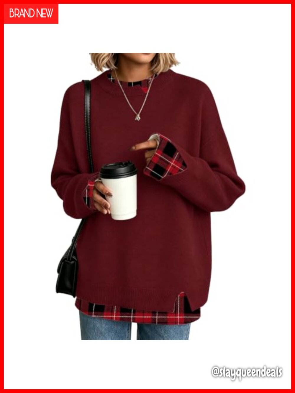 Women's Oversized Knit Sweater Mock-Layer Crew Neck Casual Fall Winter Pullover